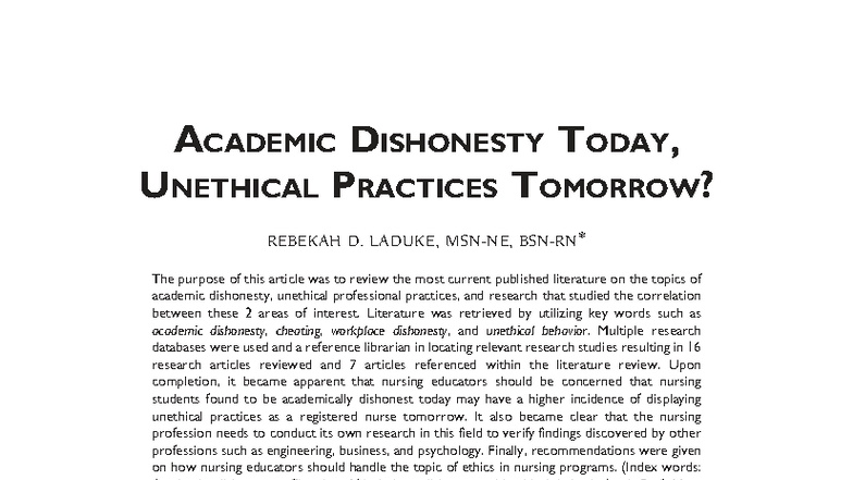 Academic Dishonesty & Future Unethical Practices in Nursing (J Prof ...