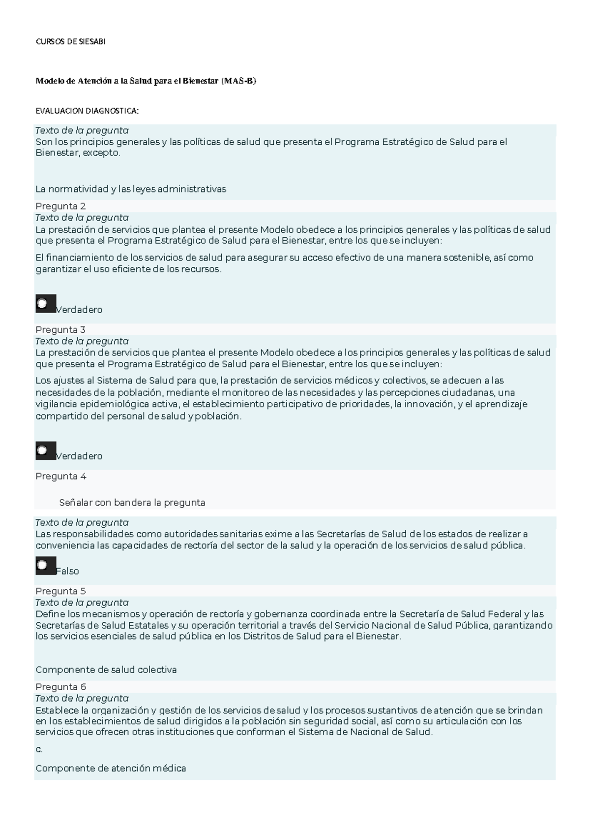 EVALUACION DIAGNOSTICA CURSOS DE SIESABI: Modelo de Atención a la Salud ...
