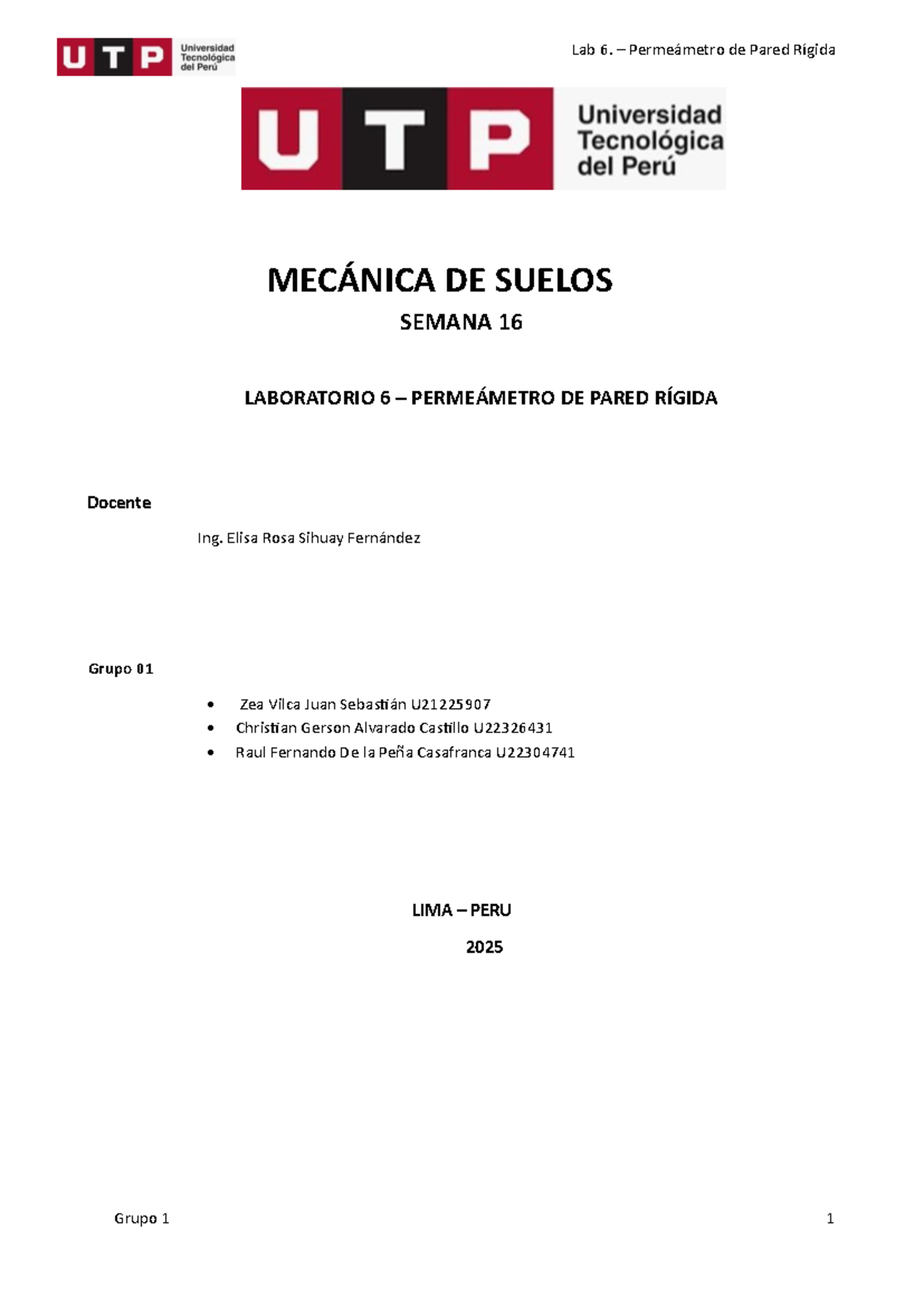 Lab 6: Permeámetro de Pared Rígida - MECÁNICA DE SUELOS - Studocu