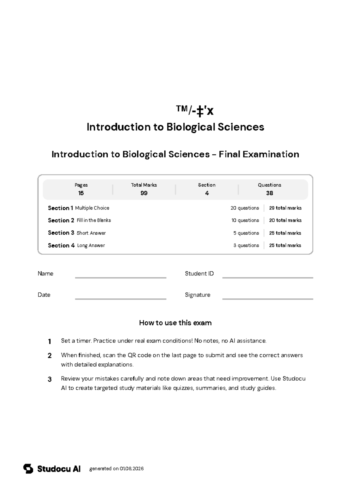 Introduction to Biological Sciences - Final Exam - Studocu