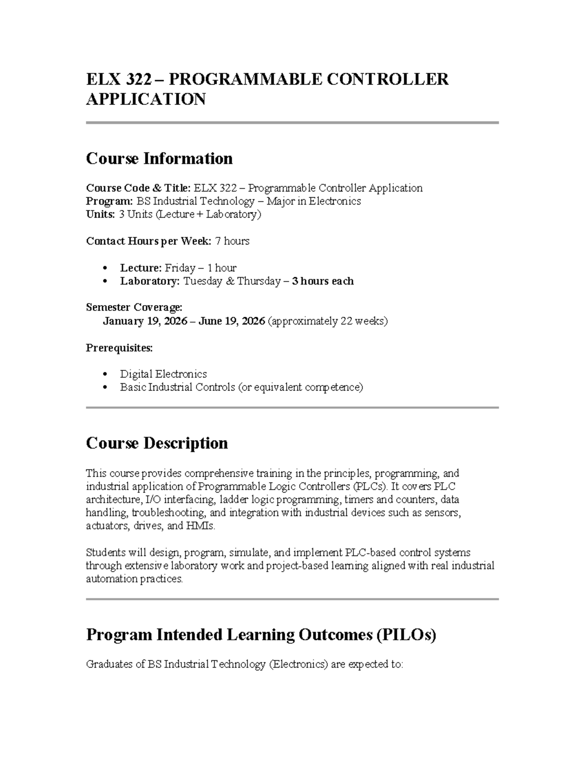ELX 322 Syllabus: Programmable Controller Application Overview - Studocu
