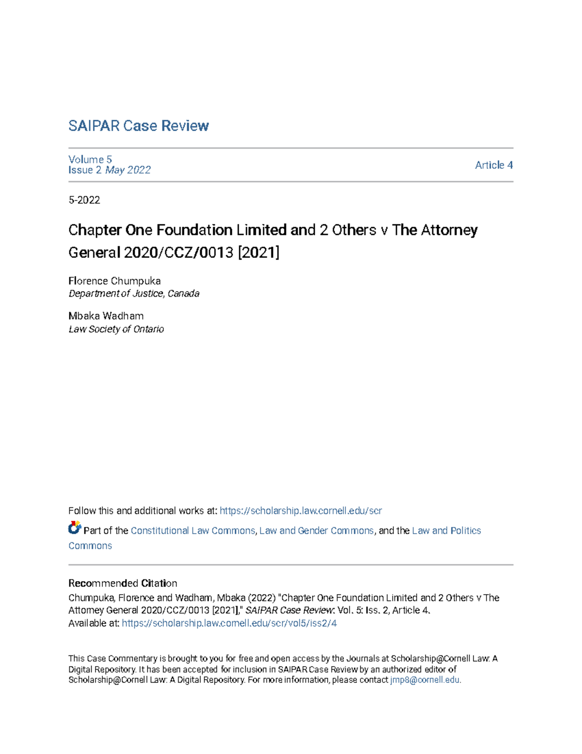 SAIPAR Case Review: Chapter One Foundation v Attorney General - Studocu