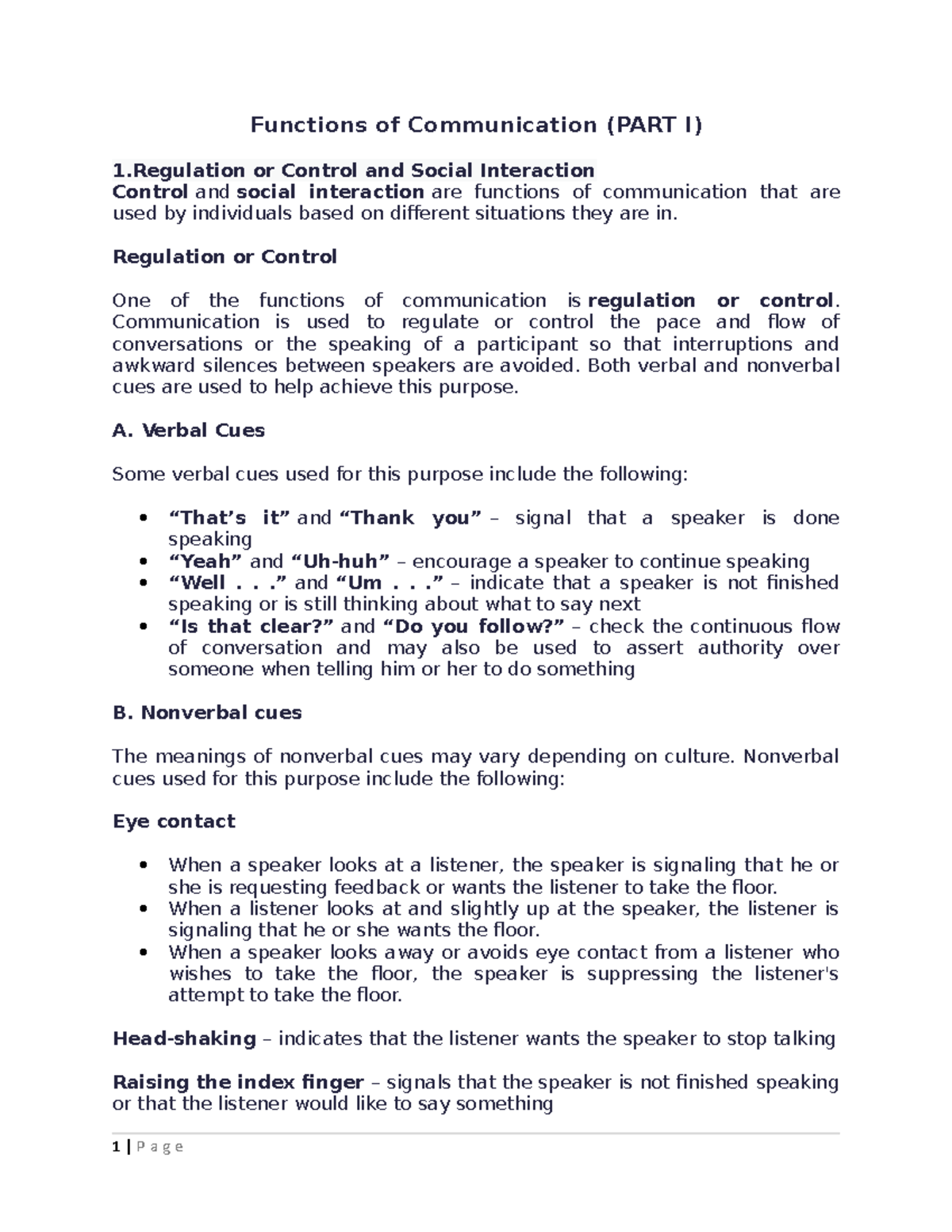 Functions of Communication (PART I) - Regulation or Control One of the ...