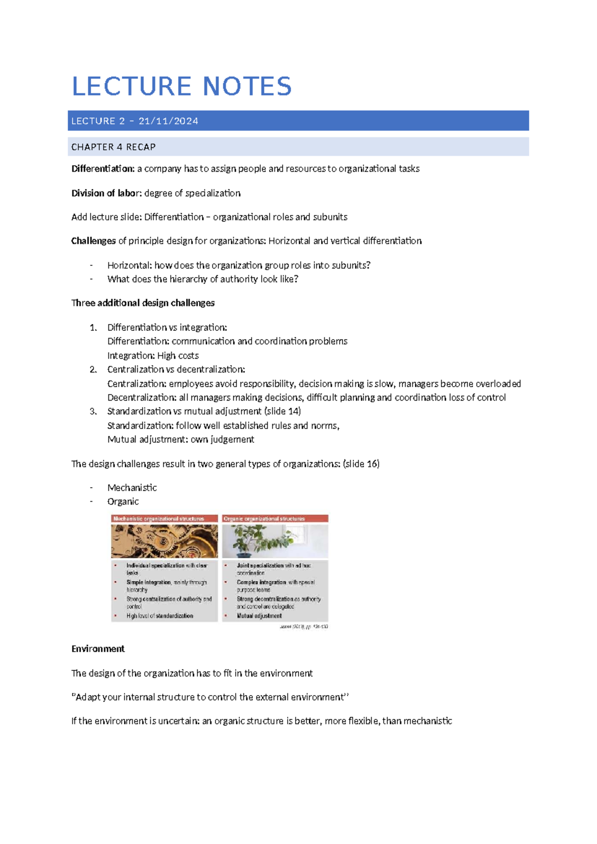 LECTURE NOTES LECTURE 2 CHAPTER 4-6 RECAP: Org Design & Differentiation ...