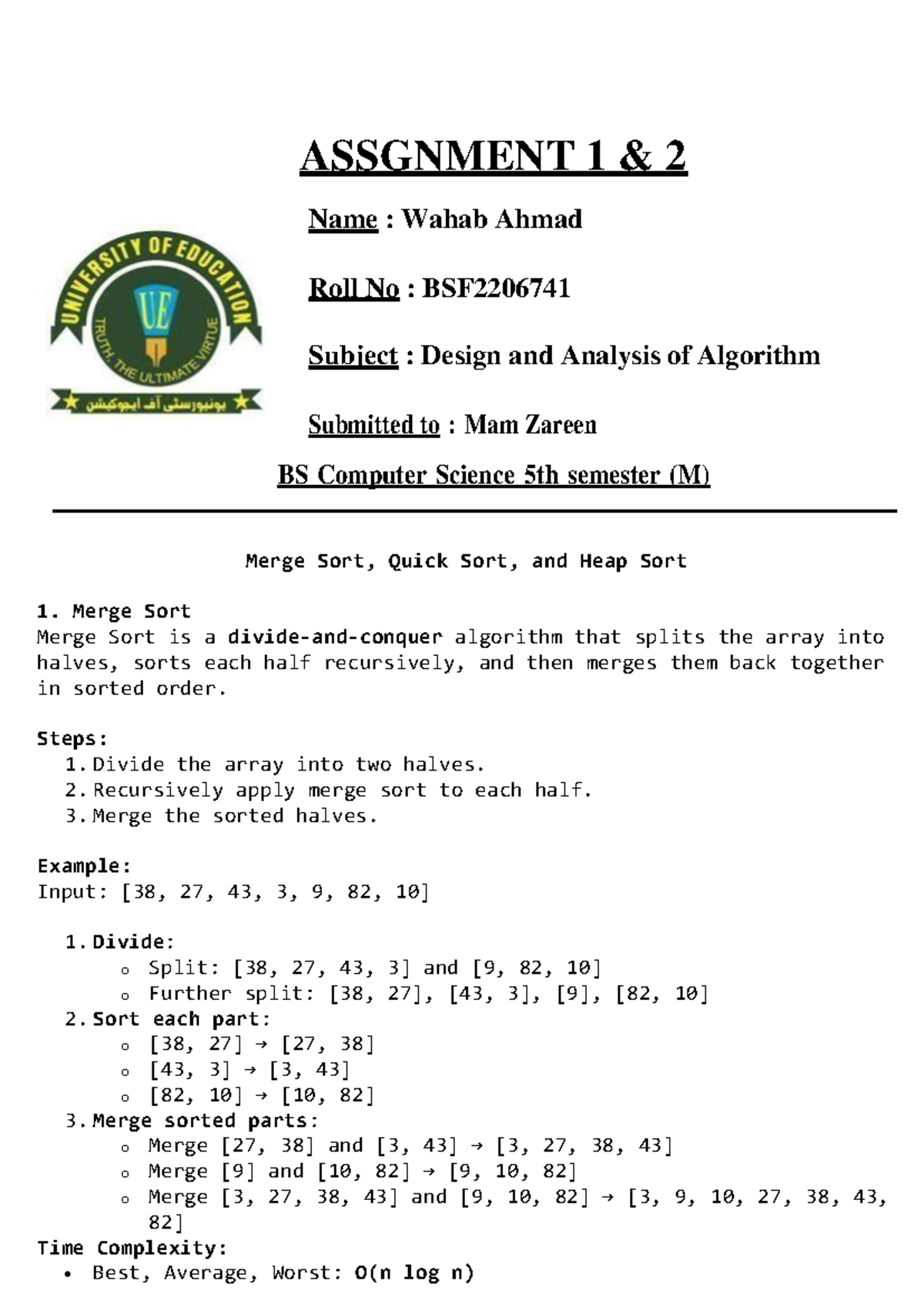 BSF2206741 - Assignment 1: Merge Sort, Quick Sort, and Heap Sort - Studocu