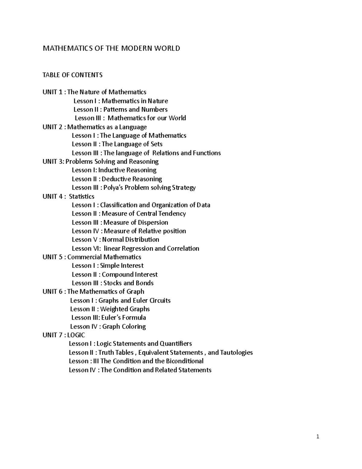 Mathematics in the Modern World - 1st Year Lesson Overview - Document Preview