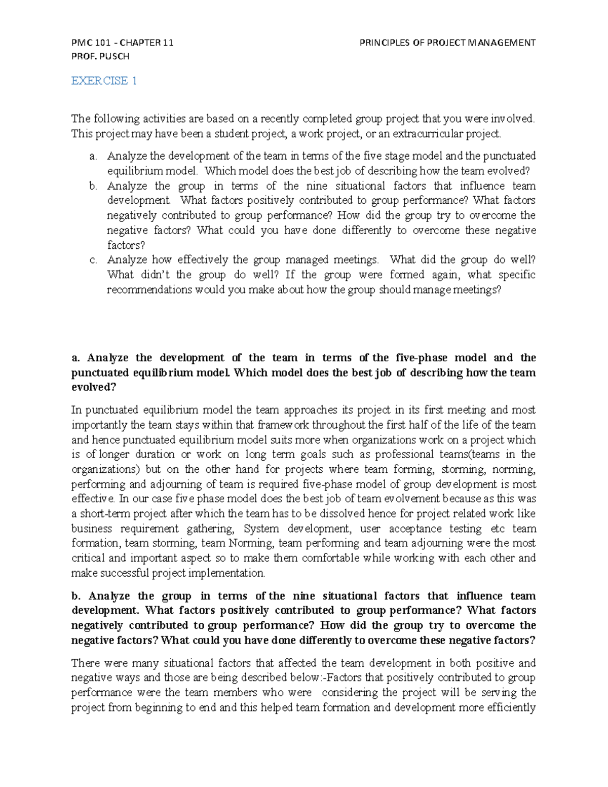PMC 101 - CH11 Project Analysis Assignment Insights & Evaluations - Studocu