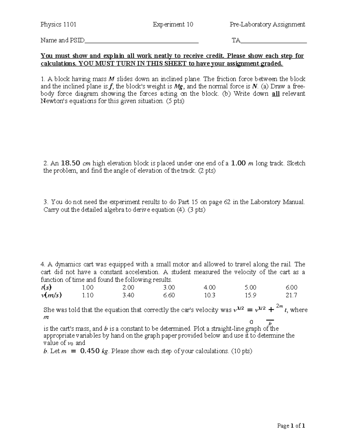 Physics 1101 Exp 10 Pre-Lab Assignment: Inclined Plane Dynamics and ...