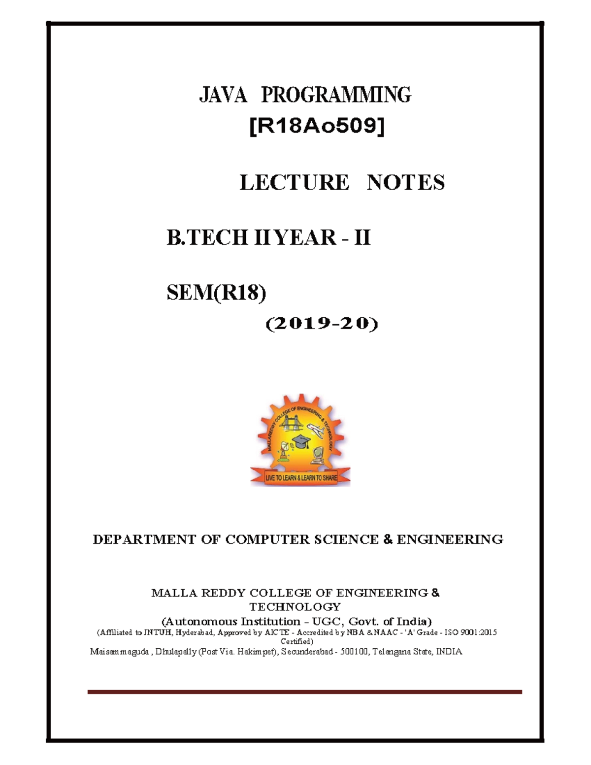COOL - Java with project - JAVA PROGRAMMING [R 18 Ao509] LECTURE NOTES ...