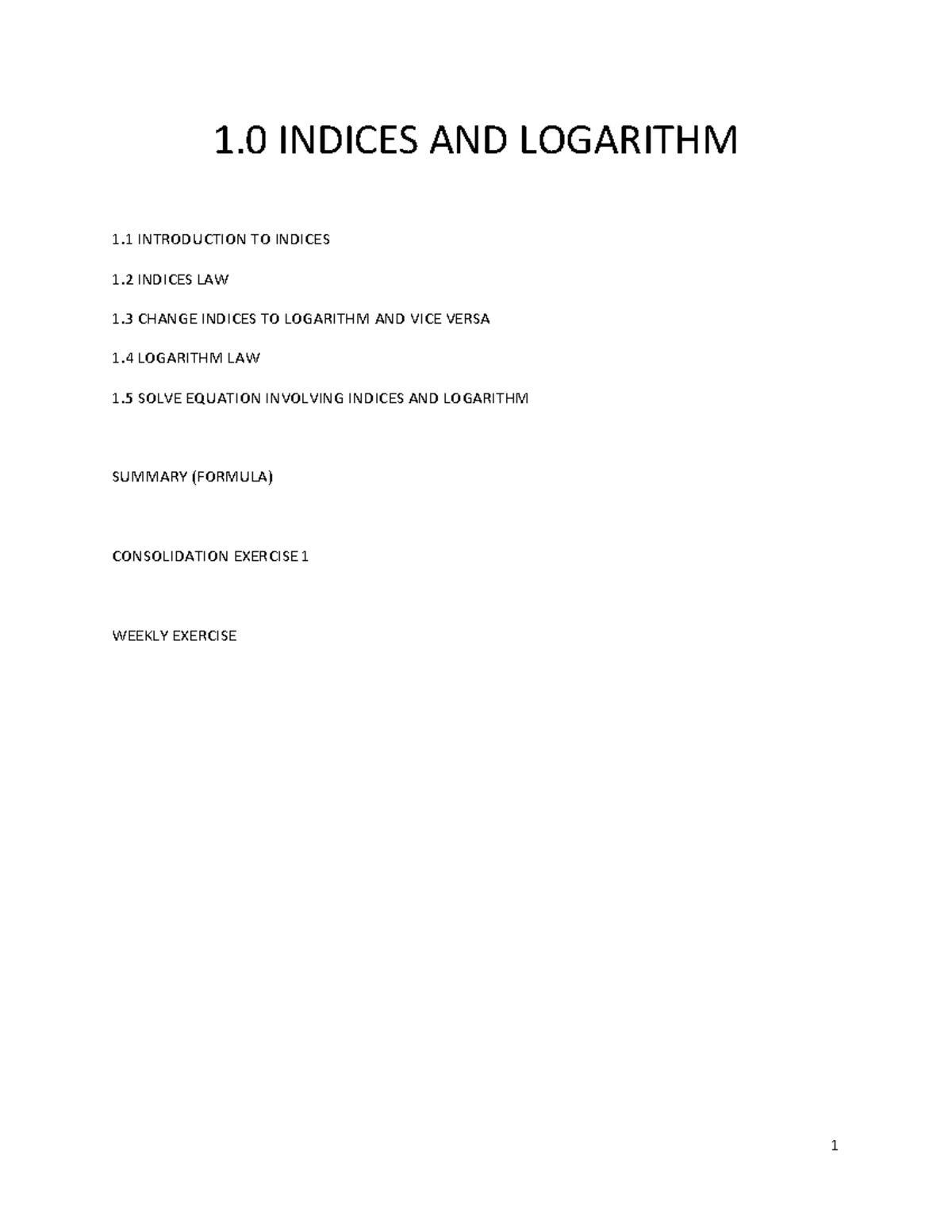 Indices and Logarithm: Comprehensive Study Notes for Course MATH101 ...