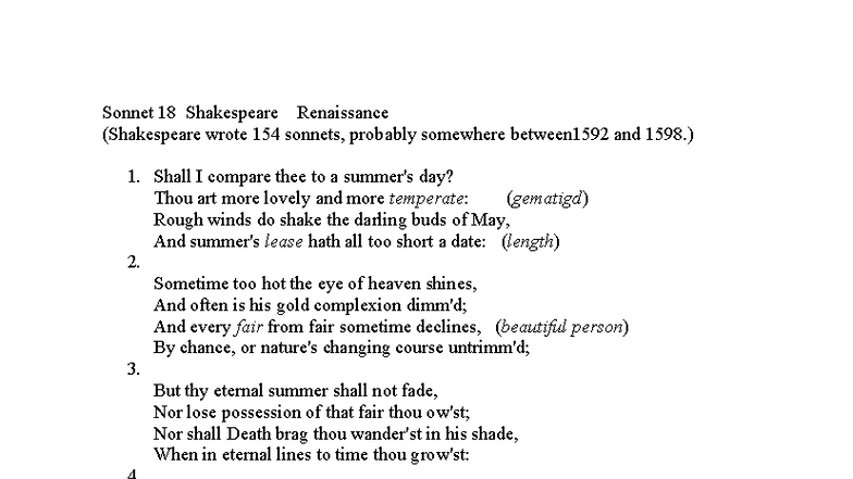 Sonnet 18 Analysis & Questions - Shakespeare Renaissance Study Guide ...
