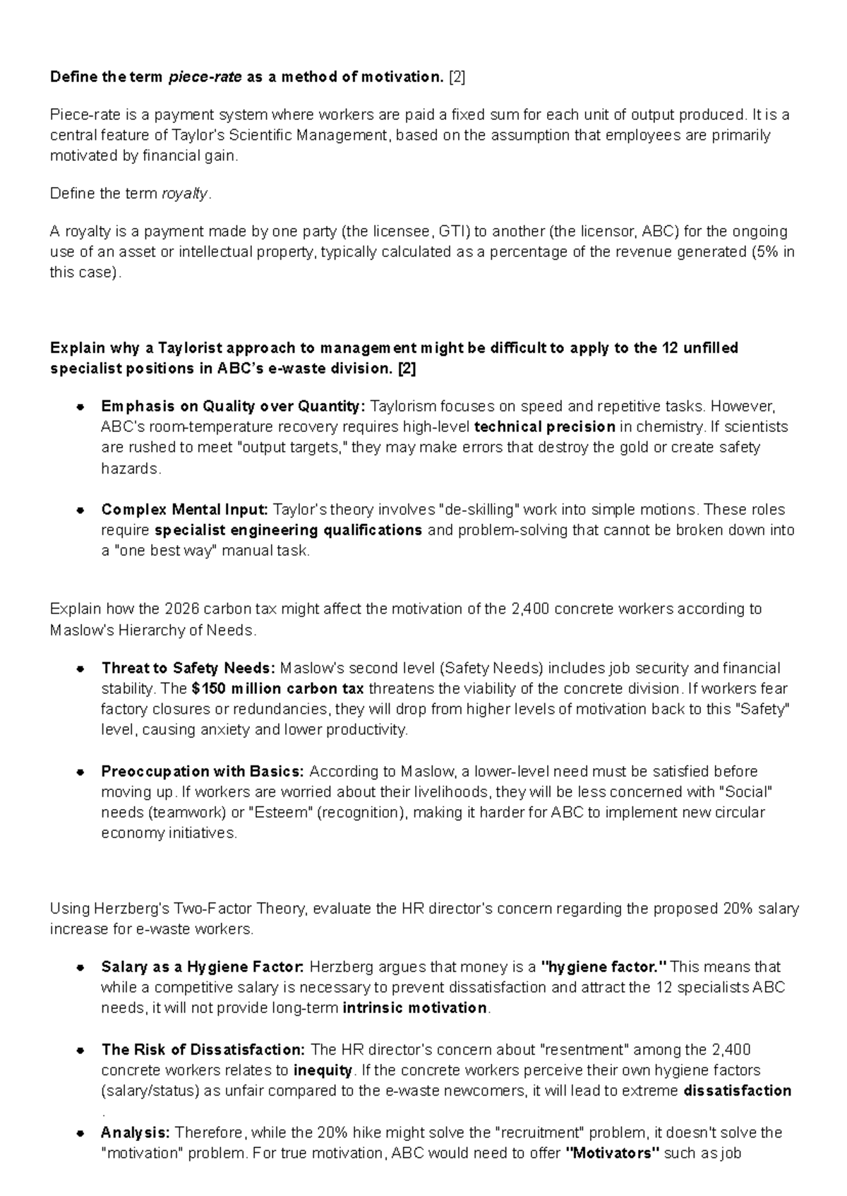 Motivation Methods and Management Strategies in ABC Case Study (BUS101 ...