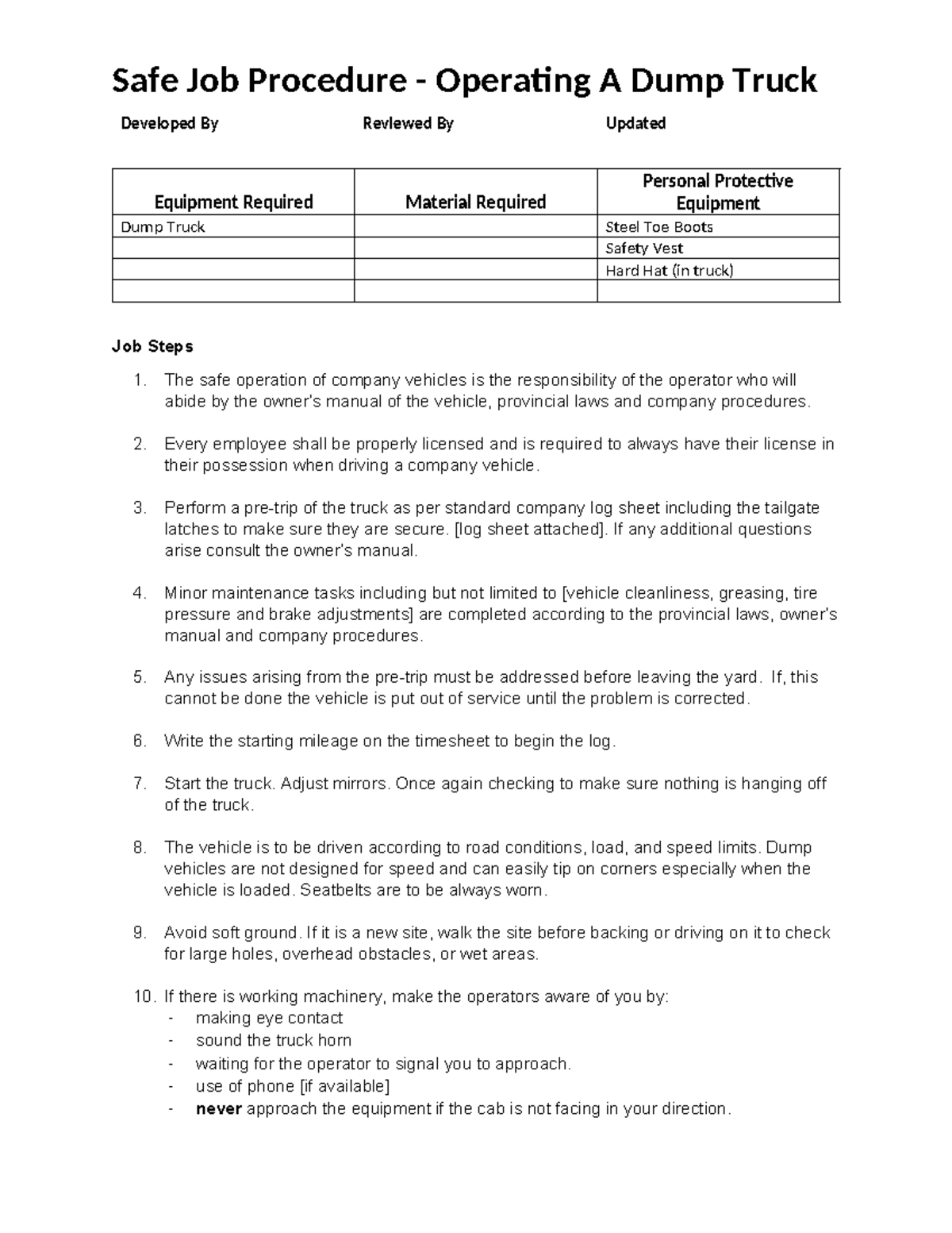 Safe Job Procedure: Operating a Dump Truck (SJP-DT) - Studocu