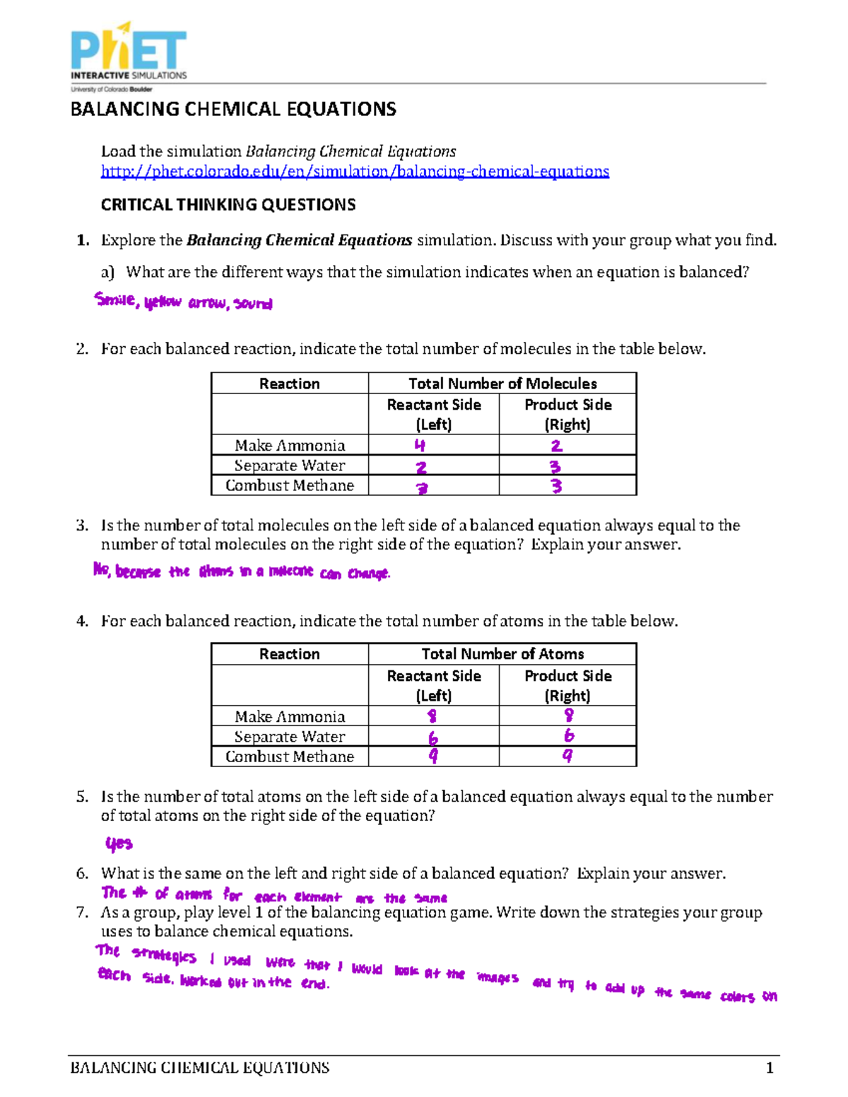 Balancing Chemical Equations Guided Inquiry Student Handout - BALANCING ...