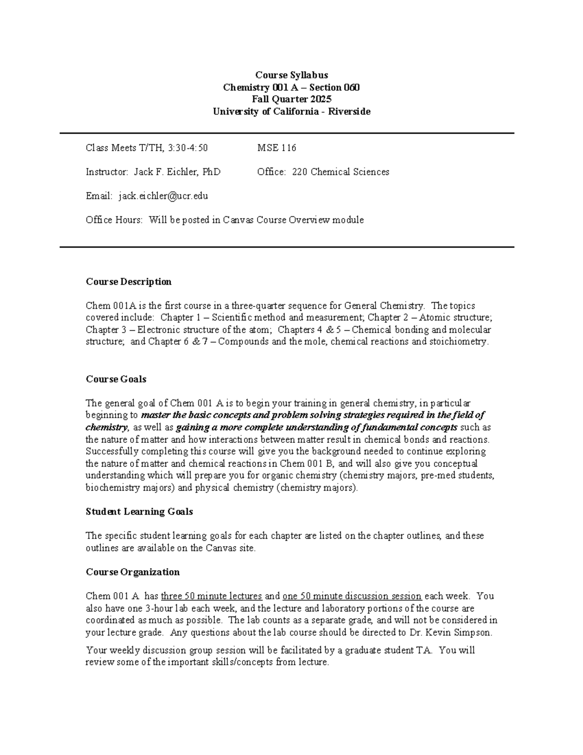 CHEM 001A Syllabus: General Chemistry Fall 2025 Overview - Studocu