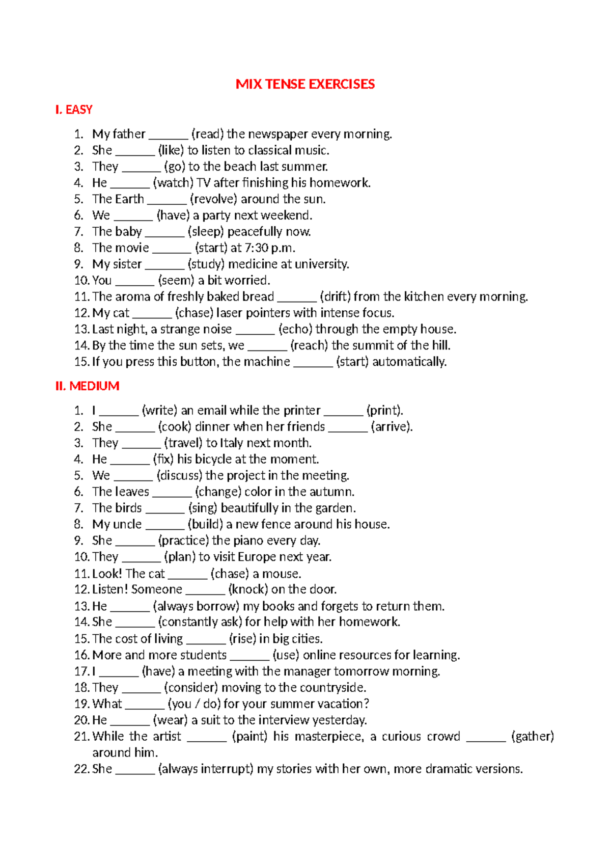 MIXED TENSE EXERCISES I & II - EASY & MEDIUM - FGG - Studocu