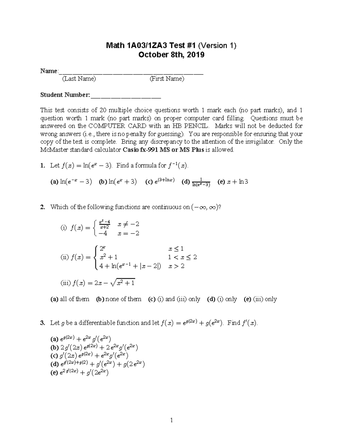 Calc 1 Past Exam - Math Test (Version 1) October 8, 2019 - Studocu