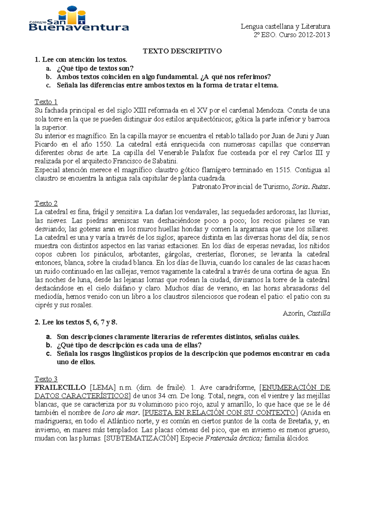 Ejercicios de Texto Descriptivo - Lengua Castellana y Literatura 2º ESO ...