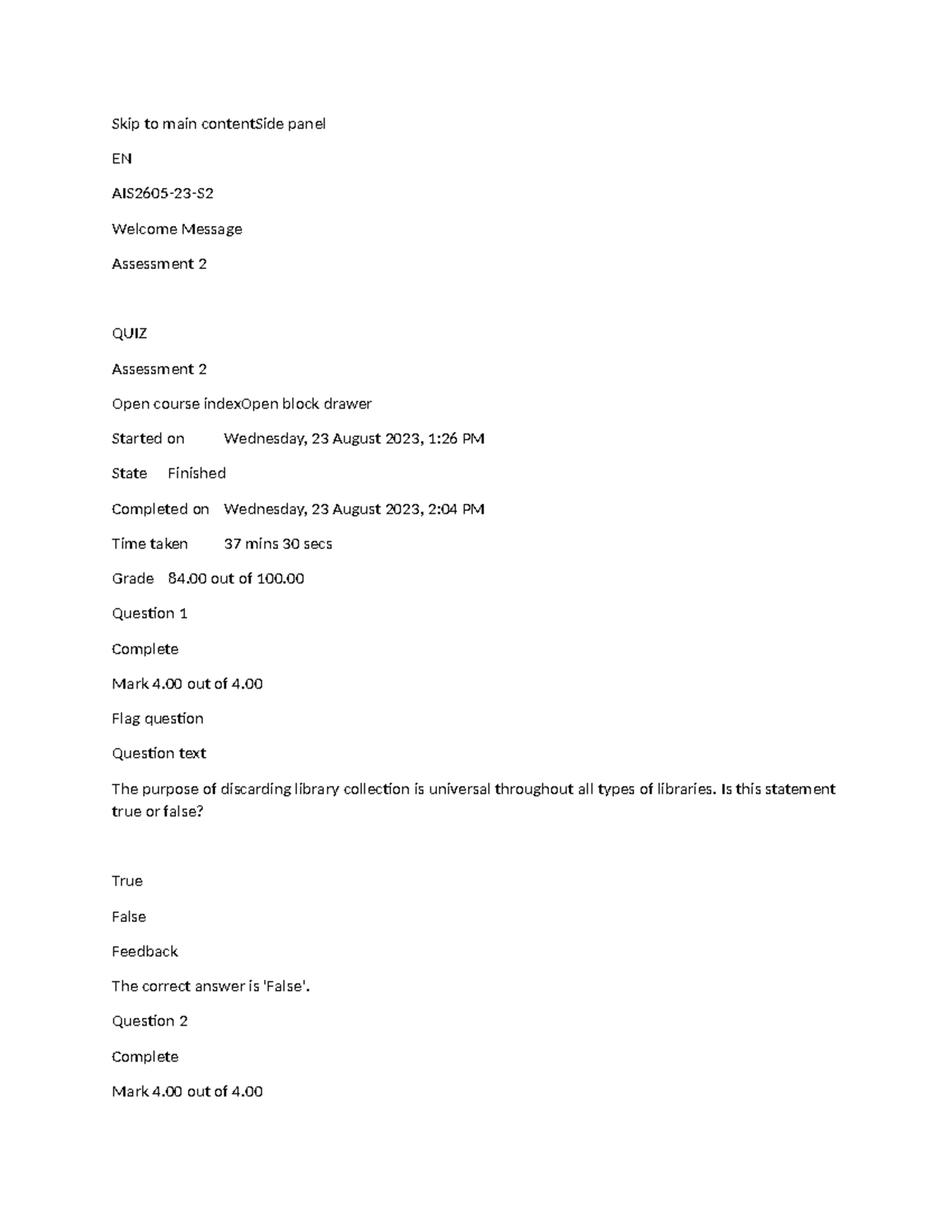 AIS2605 Quiz Answer Key - August 2023 - Studocu
