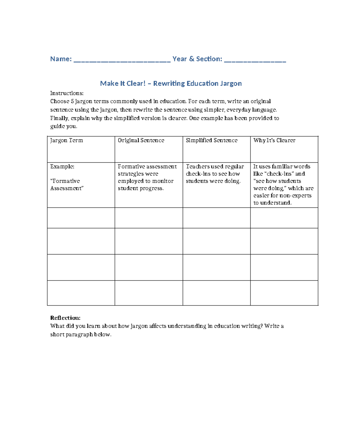EDU 101: Make It Clear! Rewriting Education Jargon Worksheet - Studocu