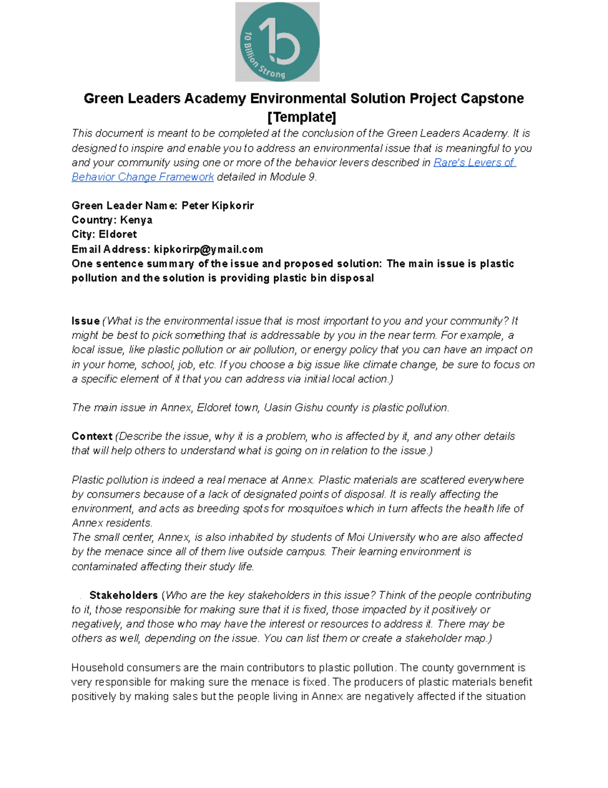 Green Leaders Academy Env. Solution Project Capstone Template - Studocu