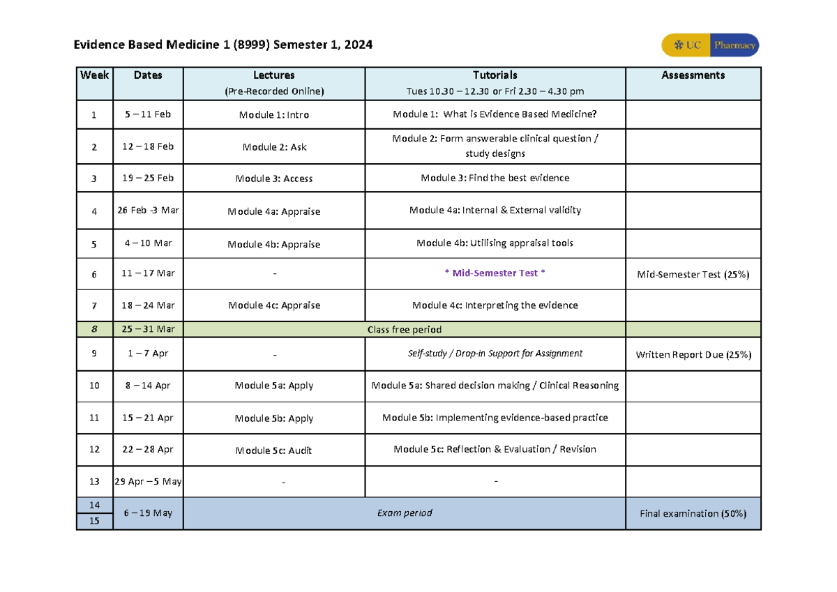 EBM1 timetable S1 2024 - nothing - Evidence Based Medicine 1 (8999 ...