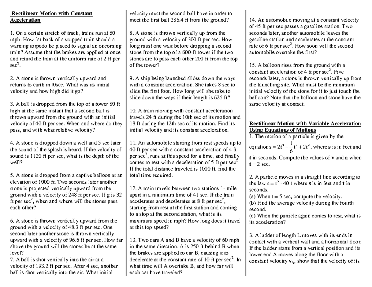 Lecture Notes on Dynamics: Compilation of Problems (No Answers) - Studocu