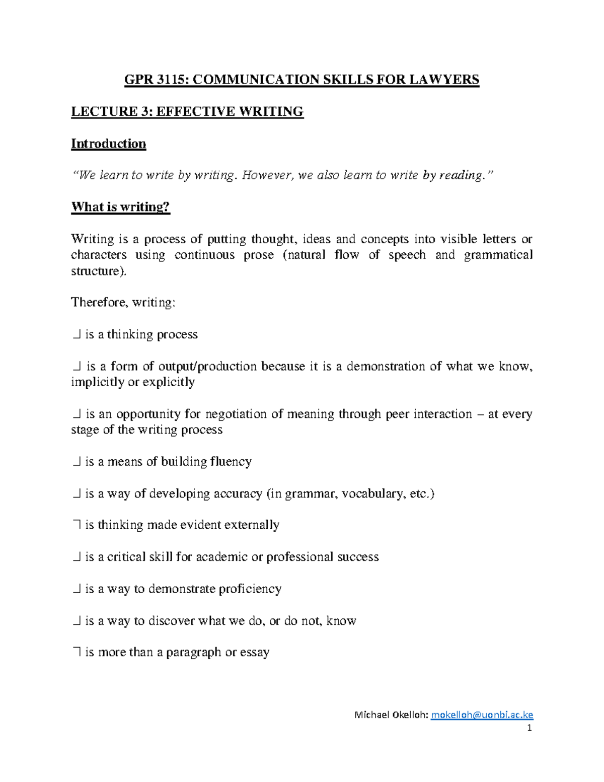 GPR 3115: COMMUNICATION SKILLS FOR LAWYERS LECTURE 3 - WRITING ...