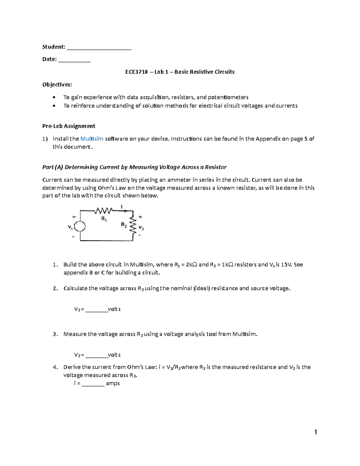 ECE 3710 Lab 1: Basic Resistive Circuits with Multisim - Studocu