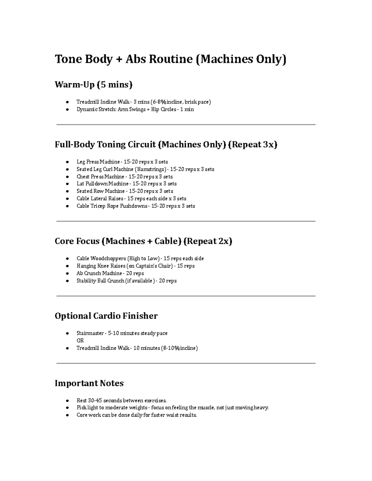 Tone Body Abs Routine (Machines Only) - GYM Workout Plan - Studocu