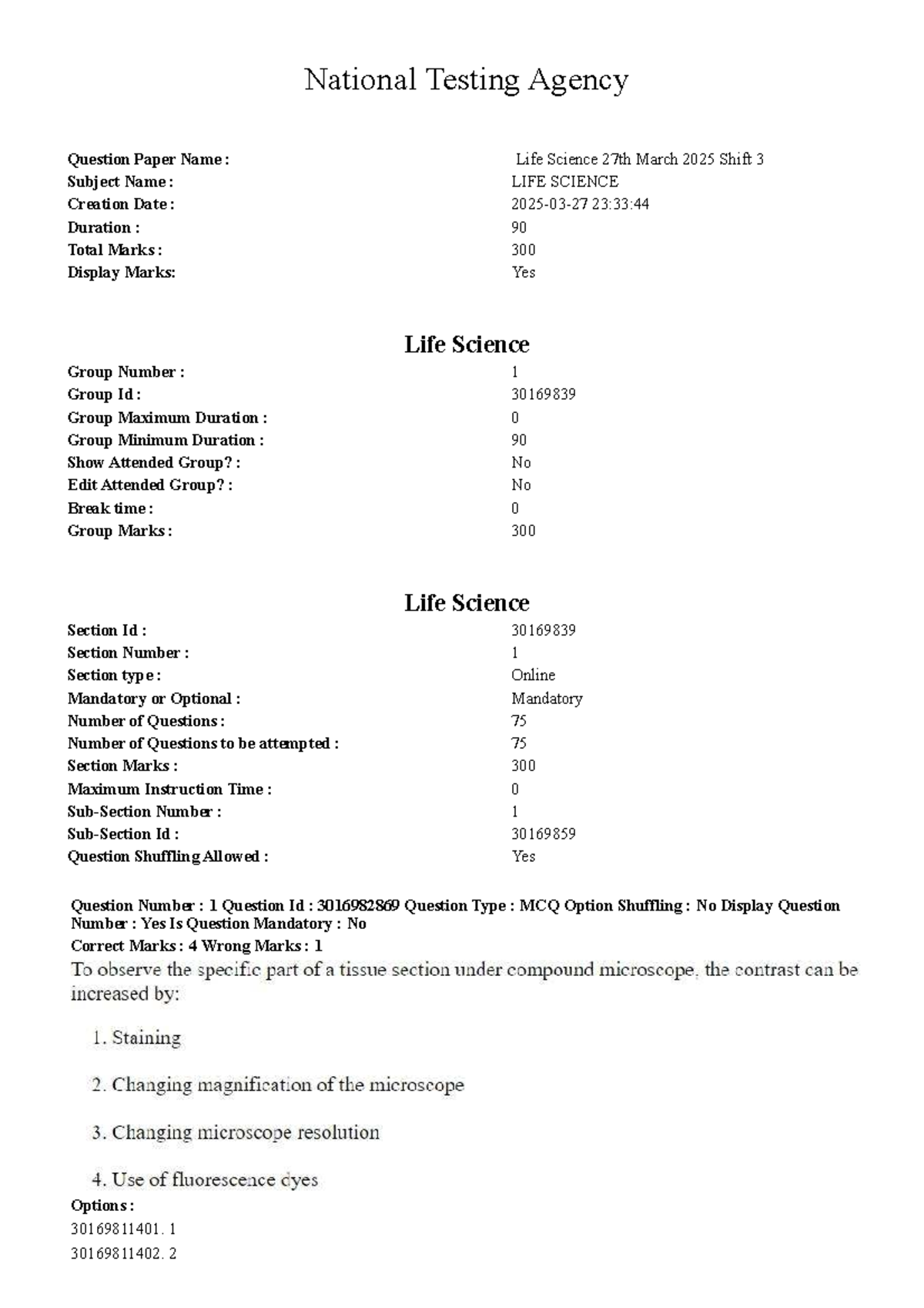 CUET PG 2025 Life Science Question Paper - Shift 3 - Studocu