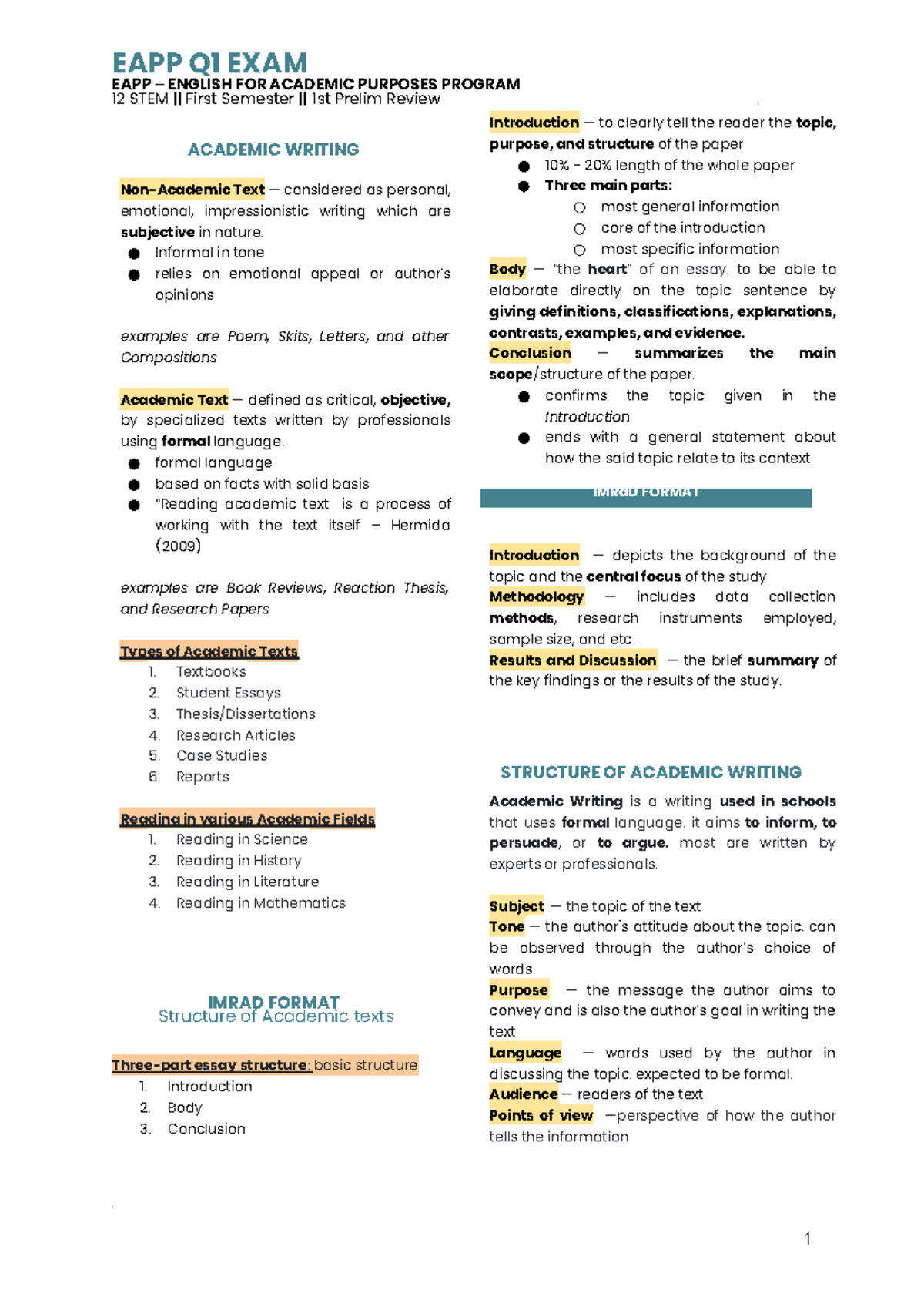 EAPP Q1 SEM 1 1st Prelim Review: Academic Writing Essentials - Studocu
