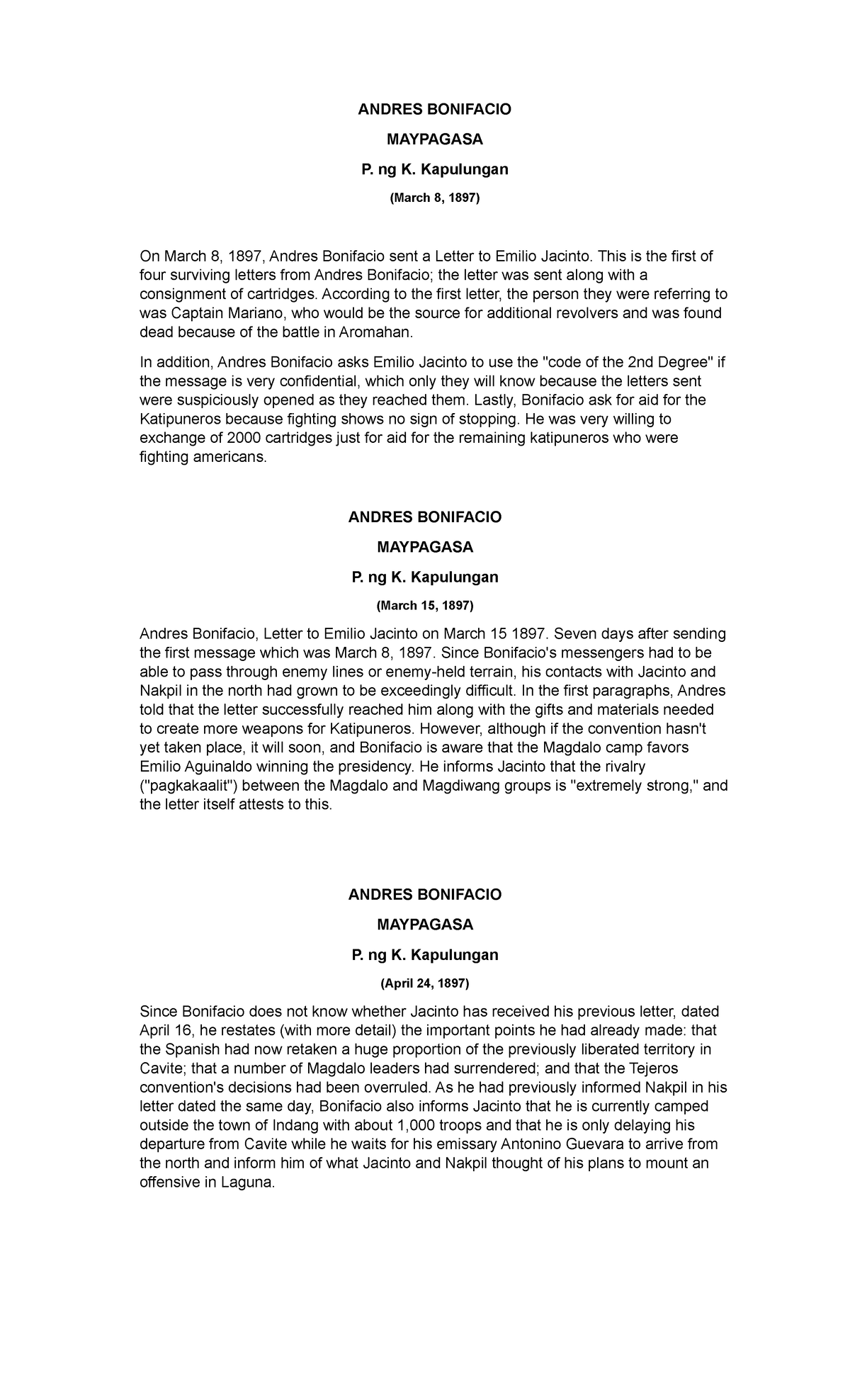 Andres Bonifacio's Letters to Emilio Jacinto: Insights & Context FD 1 ...