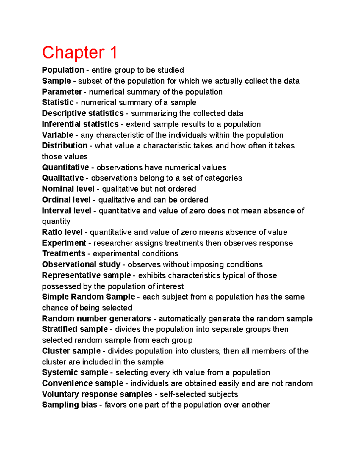 STAT 2300 chapter 1 review - Chapter 1 Population - entire group to be ...