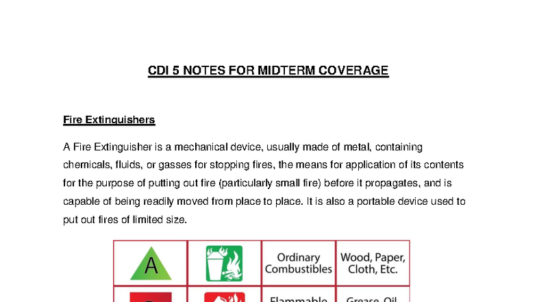 CDI 5 MIDTERM NOTES: Fire Extinguishers & Safety Procedures - Studocu