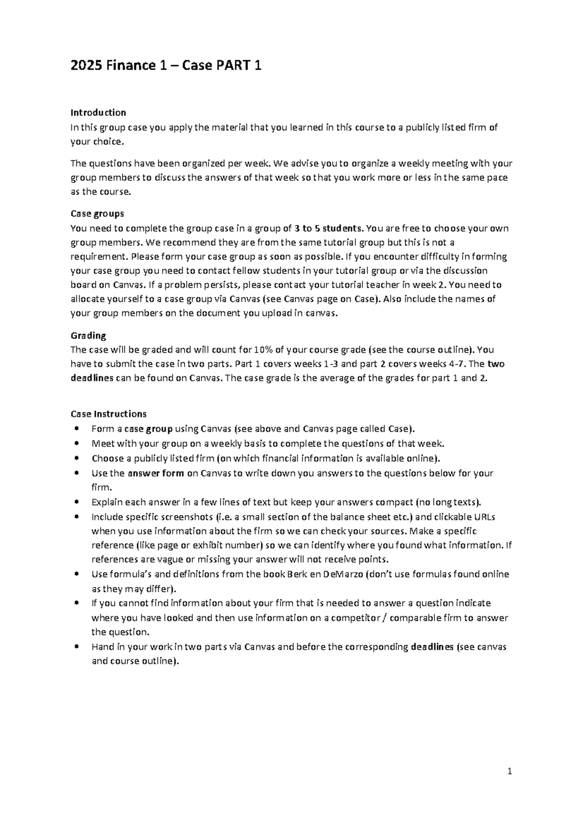 Finance 1 - Case Study (2025) Part 1: Questions for Weeks 1-3 - Studeersnel