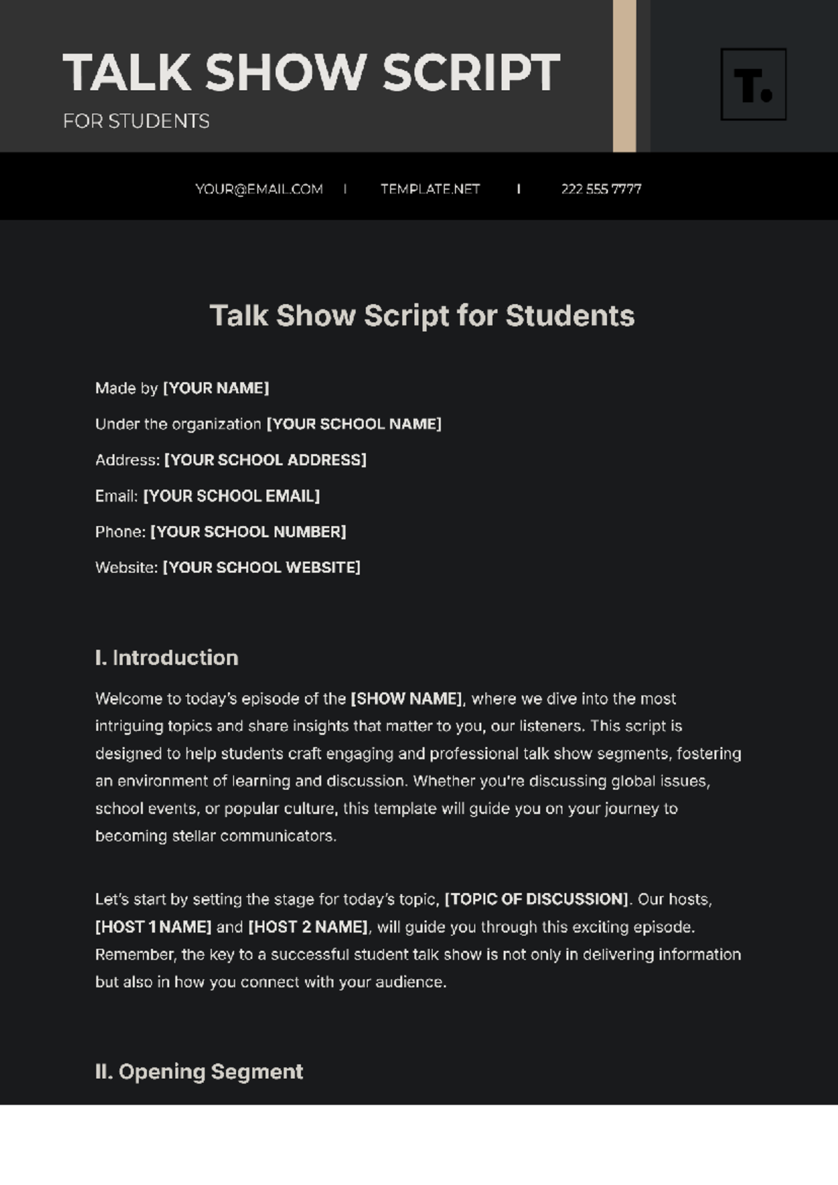 Talk Show Script Template for Students: Engaging Discussions - Studocu