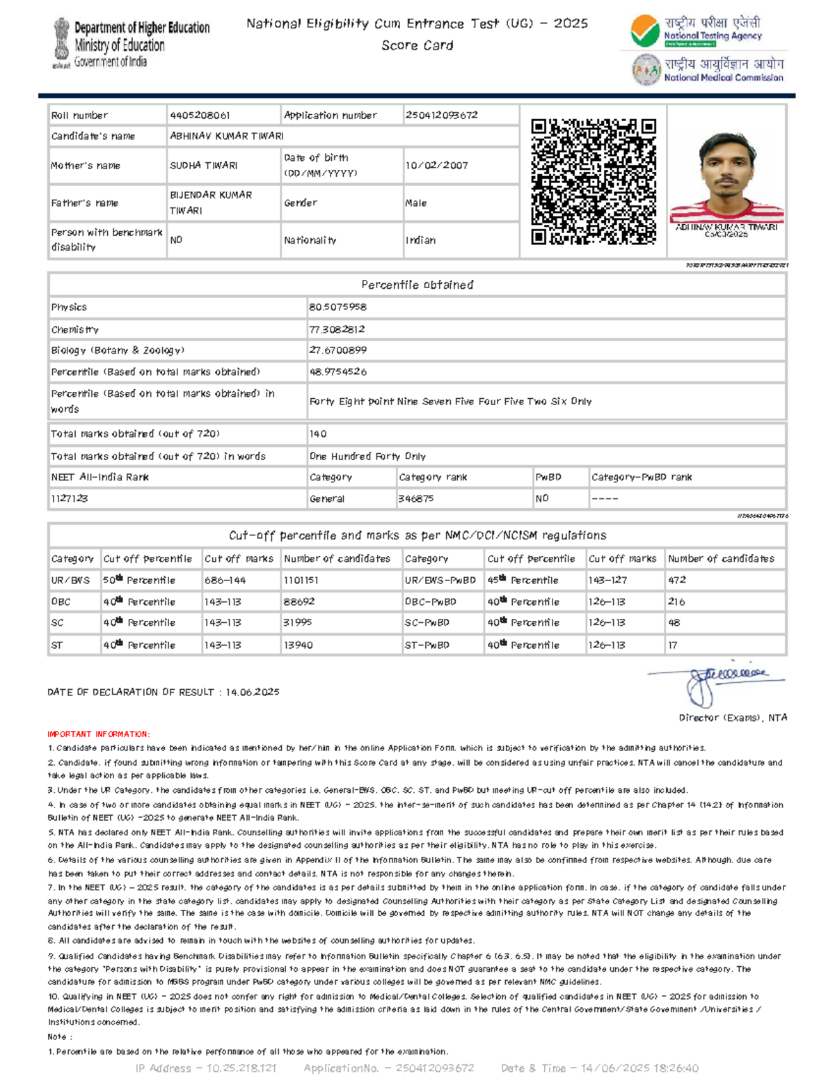 NEET (UG) 2025 Score Card - Abhinav Kumar Tiwari - Studocu