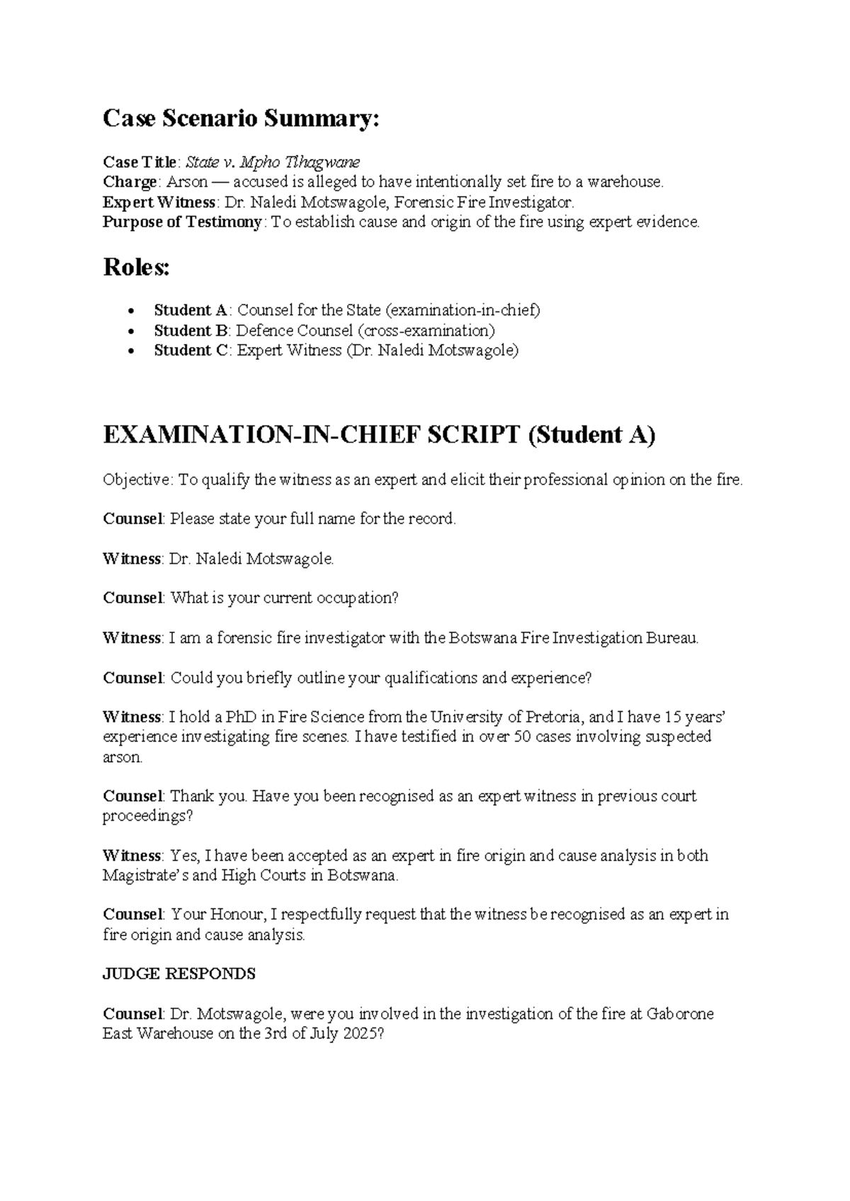 Case Scenario Summary 2: State v. Mpho Tlhagwane, Kabelo Moseki, & Tiro ...