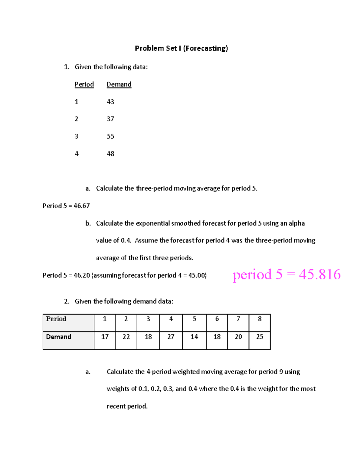 Problem Set I (Forecasting Models) - Calculations & Recommendations ...