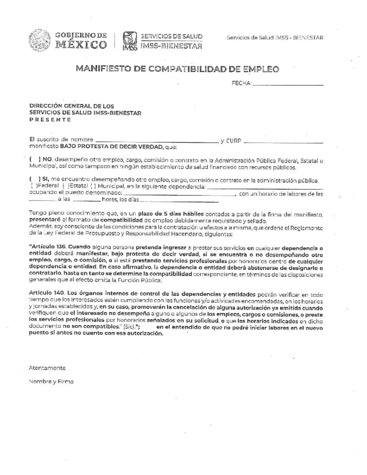 Manifiesto de Compatibilidad de Empleo - IMSS Bienestar - Document Preview