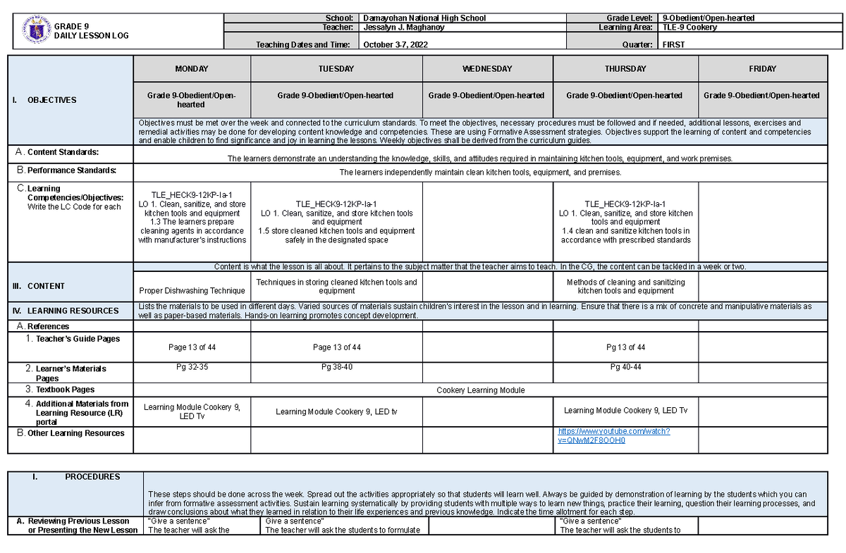 TLE-9 Cookery Daily Lesson Log: October 3-7, 2022 Overview - Studocu