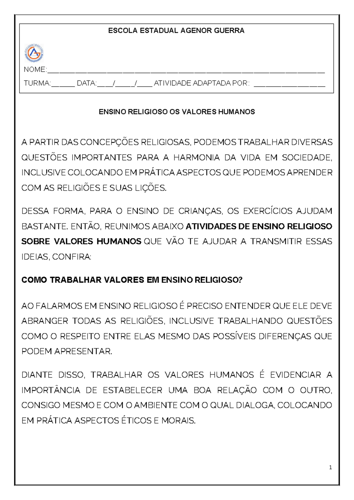 Atividades de Ensino Religioso: Valores Humanos - 3º Bimestre - Studocu