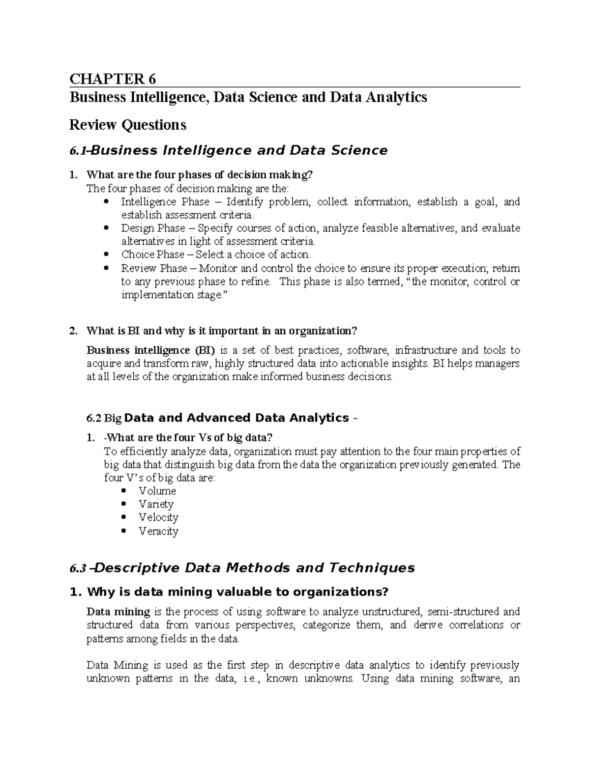 Chapter 6: Tut Q&A on Business Intelligence & Data Analytics - Studocu