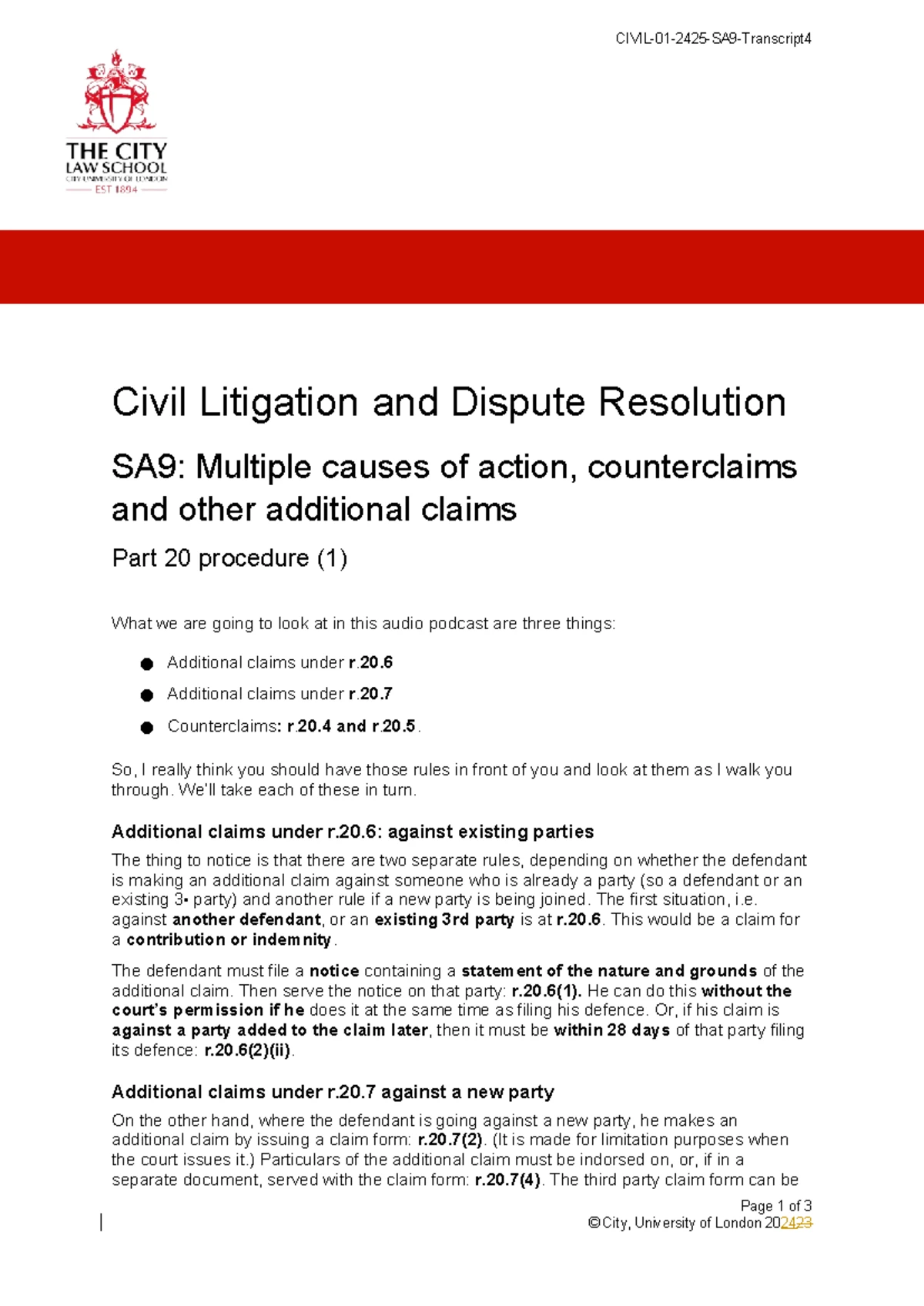 Civil Litigation and Dispute Resolution SA9: Understanding Part 20 ...