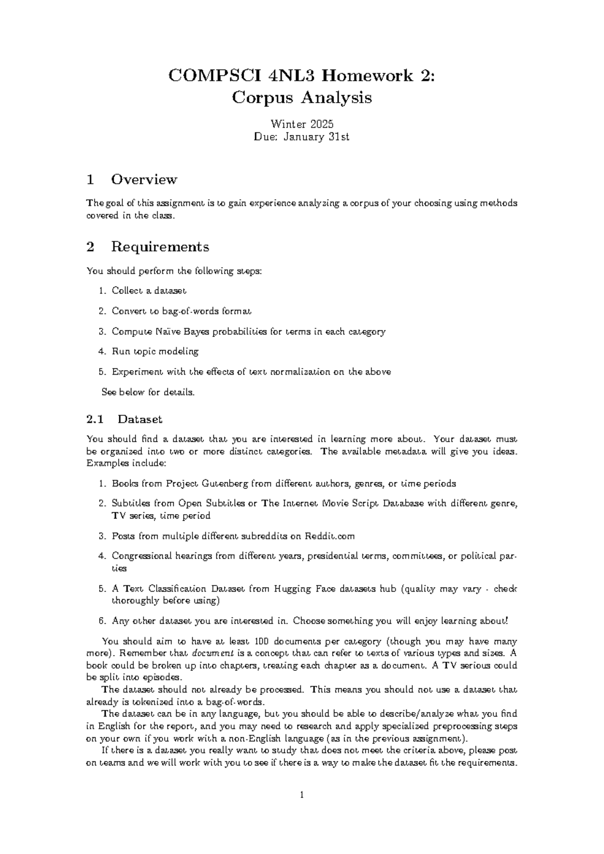 COMPSCI 4NL3 Homework 2: Analyzing a Corpus with Bayes & Topic Modeling ...