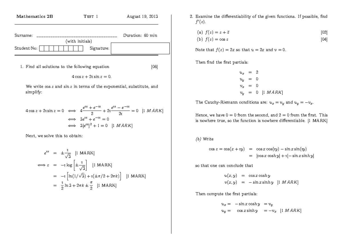 Mathematics 2B Test 1 Solutions - August 19, 2013 (Complex Analysis ...