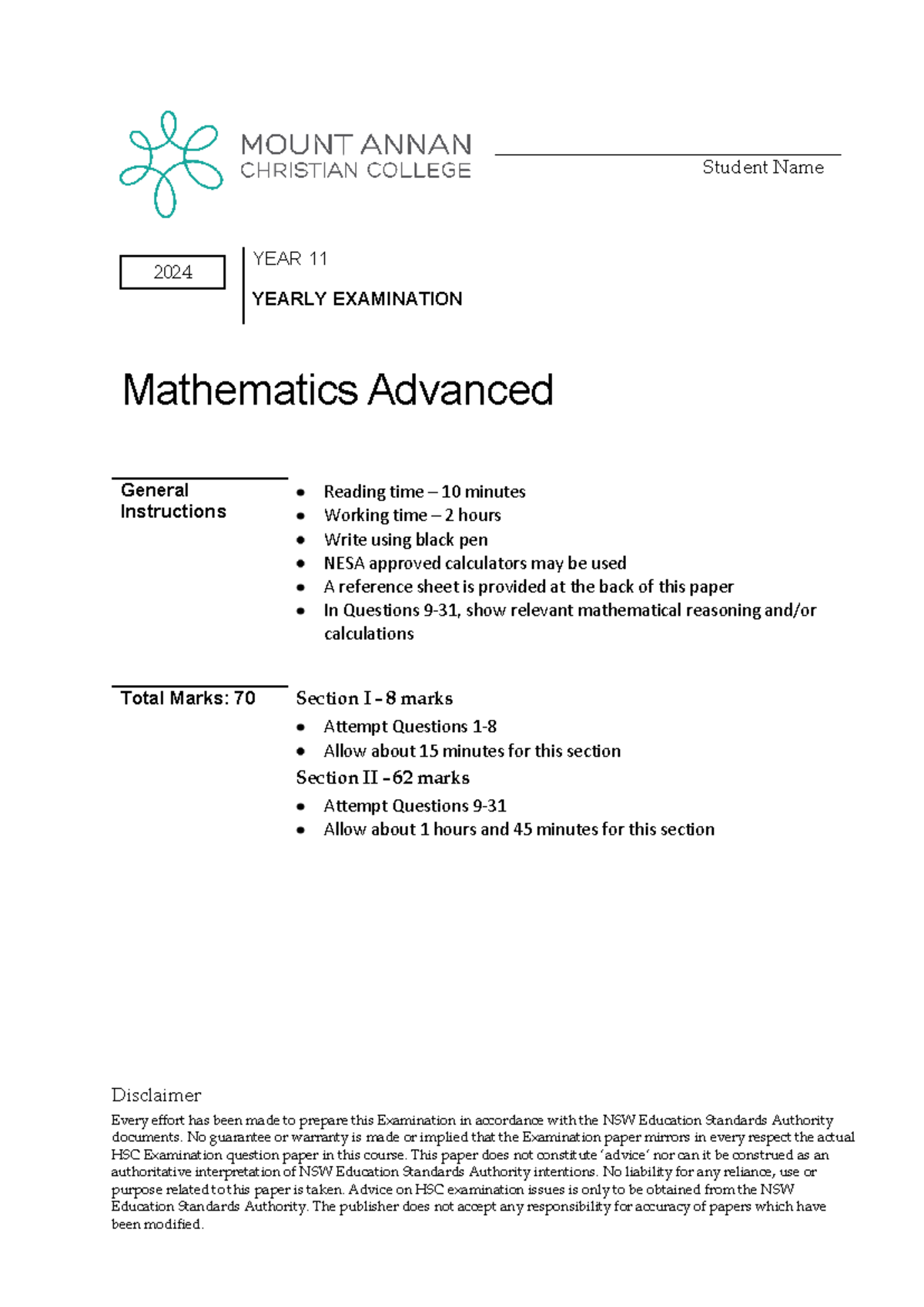 2024 Year 11 Mathematics Advanced Yearly Exam Paper - Studocu