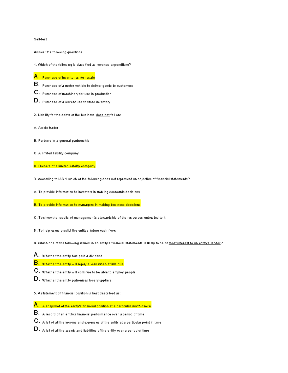 Self Test: Chapter 1 Questions and Answers (ACC 101) - Studocu