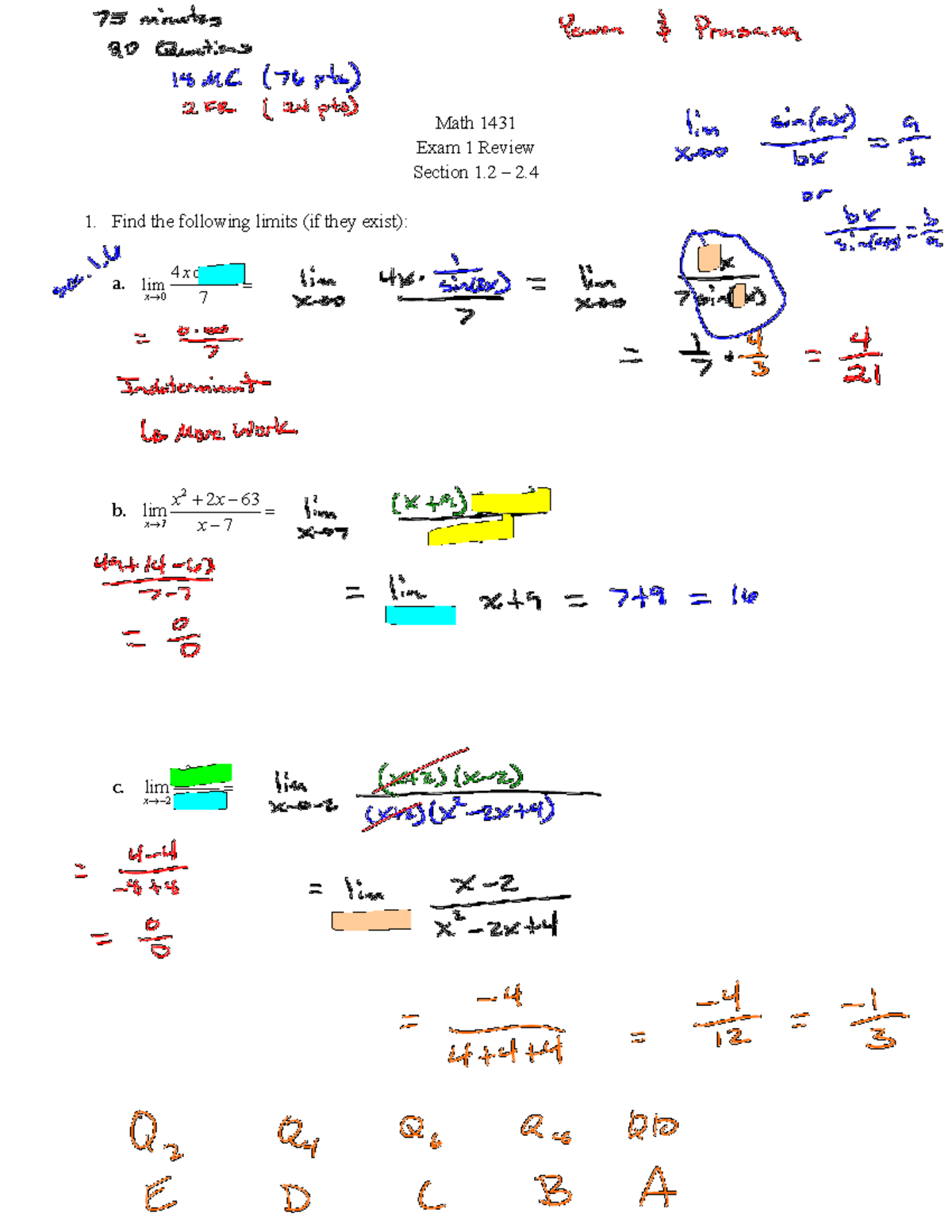 Math 1431 Exam 1 Review: Limits, Continuity, and Derivatives - Studocu
